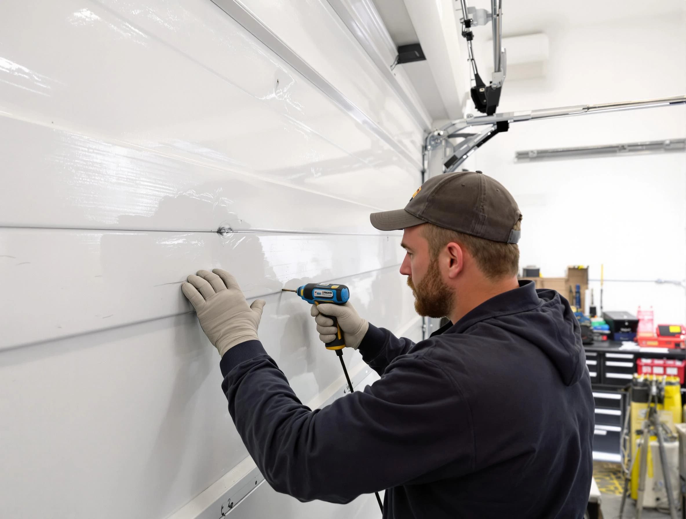 Kearns Garage Door Repair technician demonstrating precision dent removal techniques on a Kearns garage door